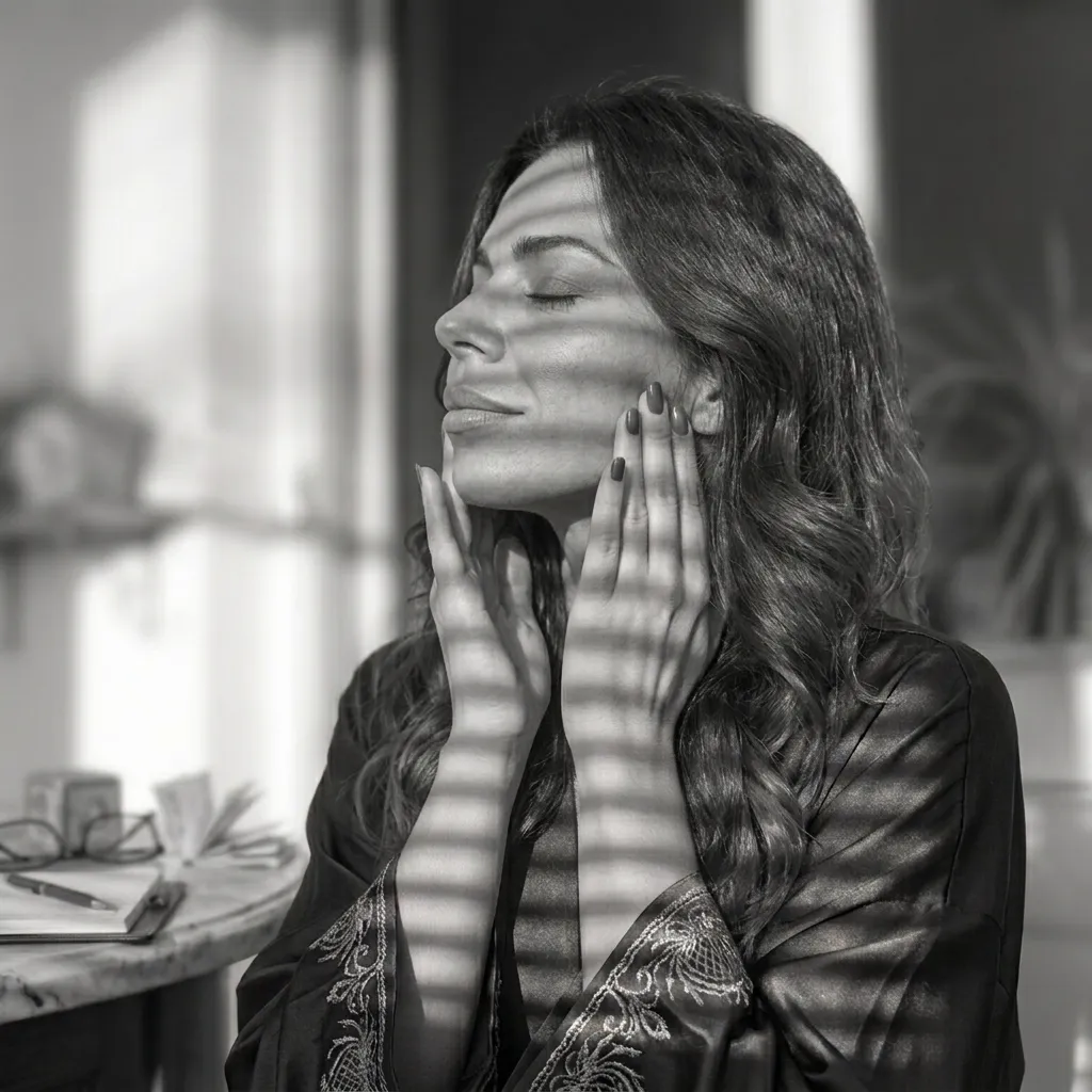 A close-up black and white photograph of a woman with long wavy hair, eyes closed, and hands gently cupping her cheeks in a moment of tranquility. Strong, parallel light and shadow patterns from a window blind are cast across her face, hands, and the patterned silk robe she is wearing.