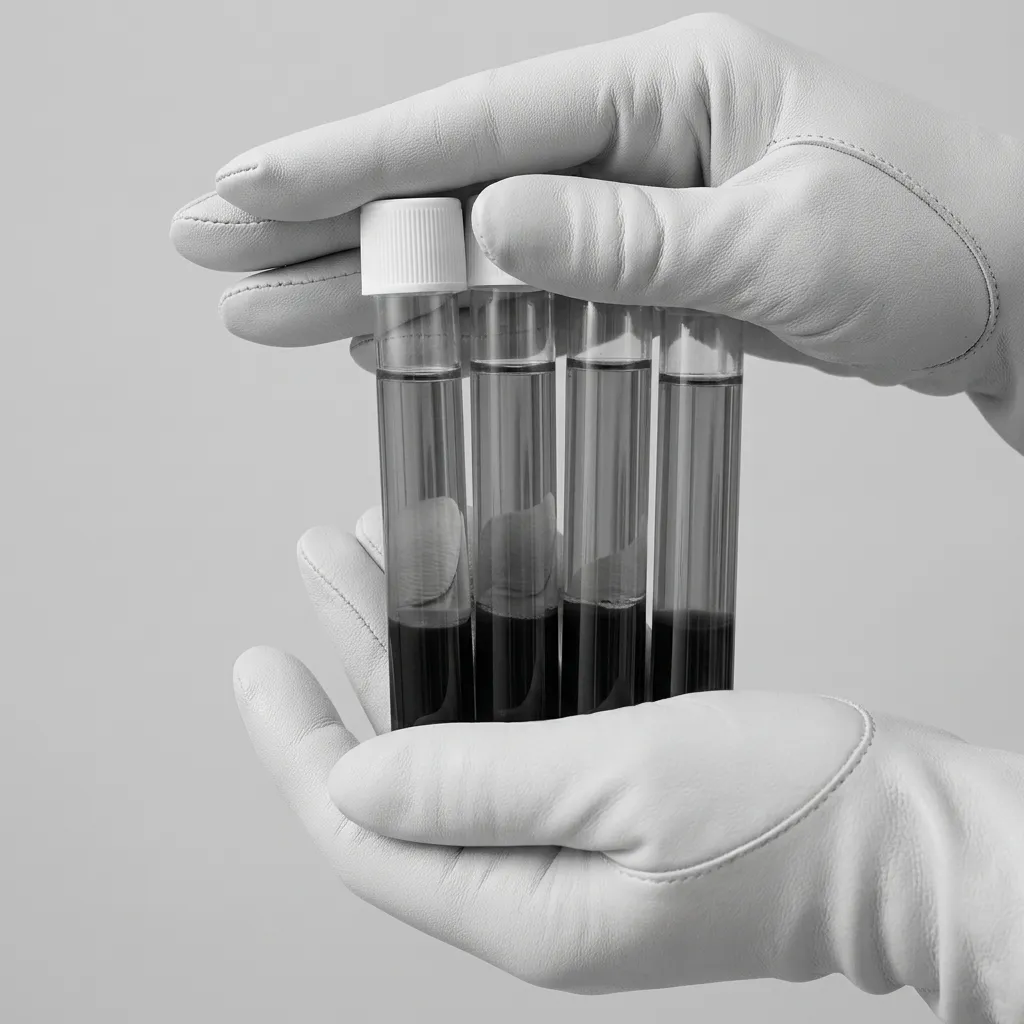 A close-up, black and white photograph showing a person wearing light-colored leather gloves carefully holding four glass test tubes containing separated blood serum with white caps.