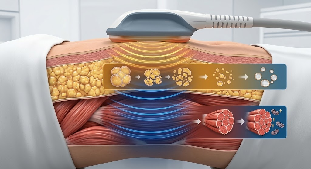A medical illustration showing a cross-section of skin, fat, and muscle layers during a non-invasive body contouring treatment. An applicator on the surface emits yellow energy waves targeting adipose tissue, depicted in a progressive timeline from large fat cells to breakdown and elimination.