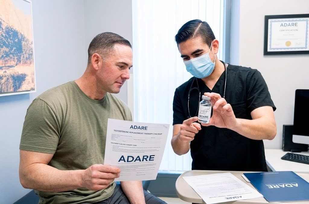 A male patient sits in a clinical room reviewing a Testosterone Replacement Therapy checkup document while a healthcare provider from ADARE points to a treatment vial.
