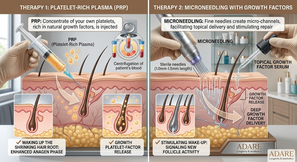 A 3D medical illustration by ADARE Longevity & Aesthetics comparing two hair loss therapies: PRP (Platelet-Rich Plasma) injection to waking up shrinking hair roots, and Microneedling with Growth Factors to stimulate new follicle activity. The diagram shows the procedures and their effects on skin cross-sections.
