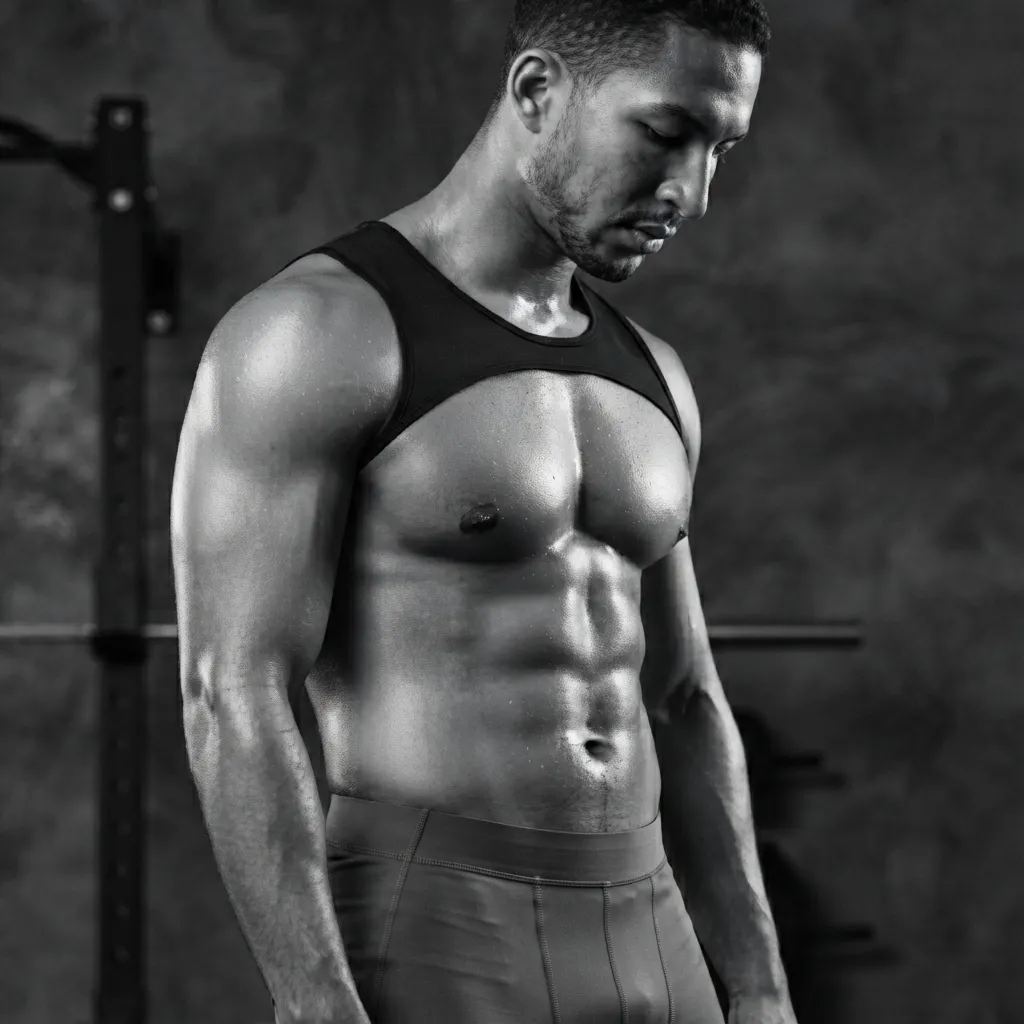 Grayscale square photo of a woman with toned athletic abs and white spandex workout clothing showcasing muscle definition.