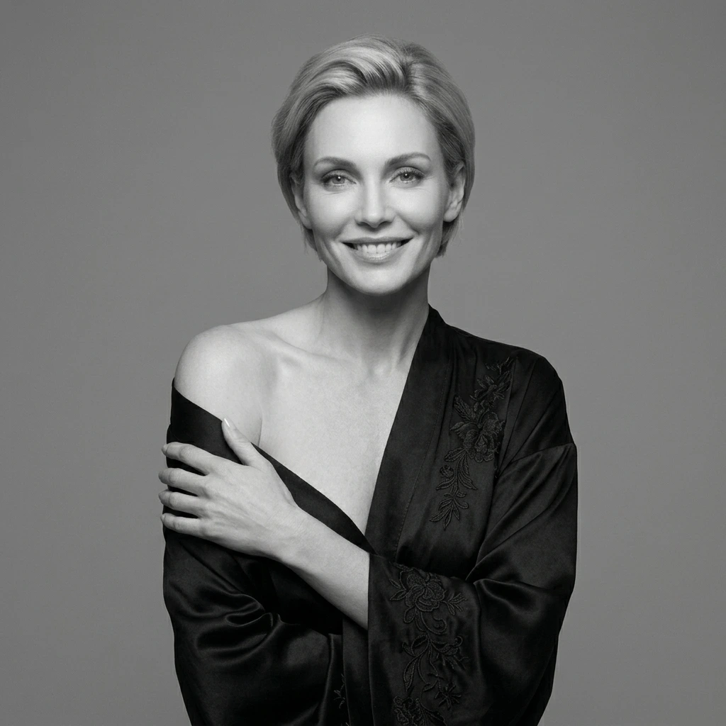 A black and white studio portrait of a woman with short blonde hair and a joyful expression, wearing a black silk robe with floral embroidery that is pulled off one shoulder. She is hugging herself against a plain grey background.