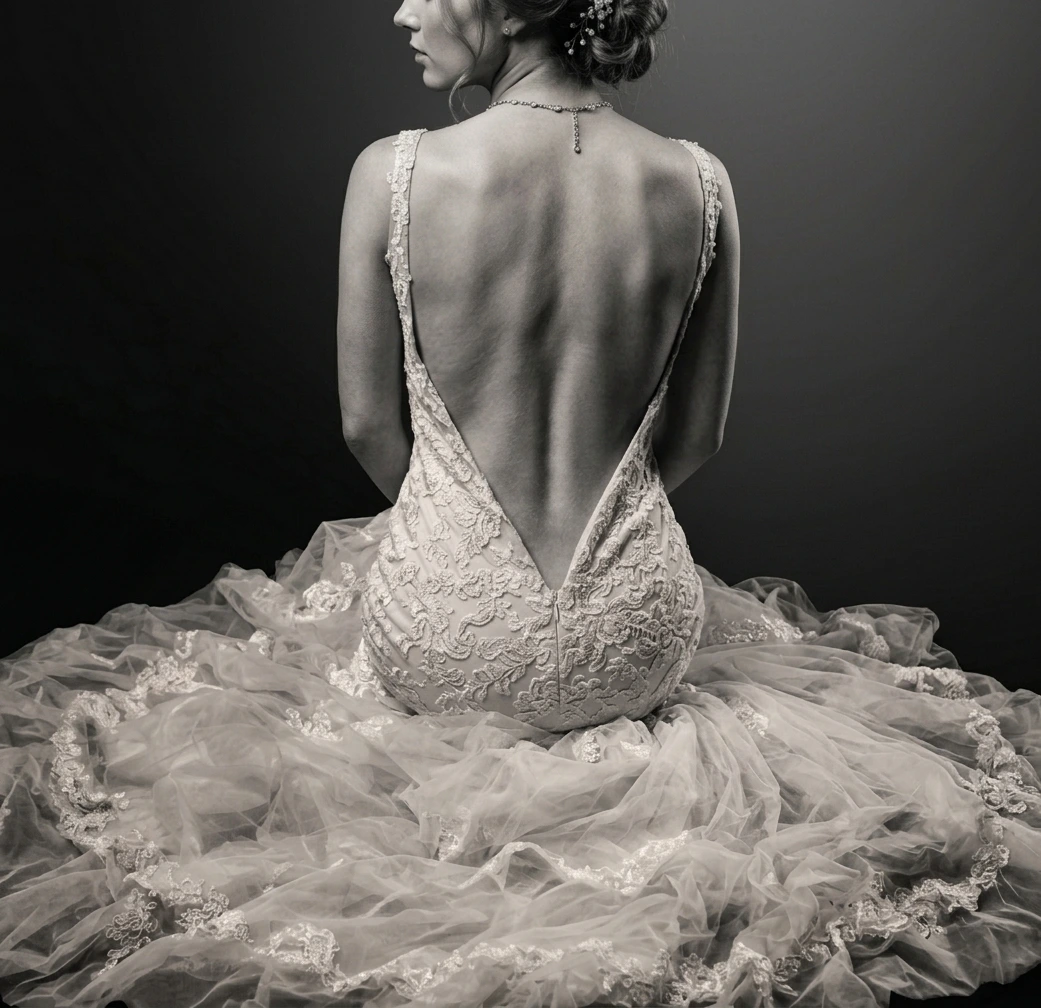 A black-and-white studio portrait focusing on the back profile of a woman wearing a white, low-back lace gown with a dramatic trailing skirt, showcasing detailed embroidery and fine jewelry.