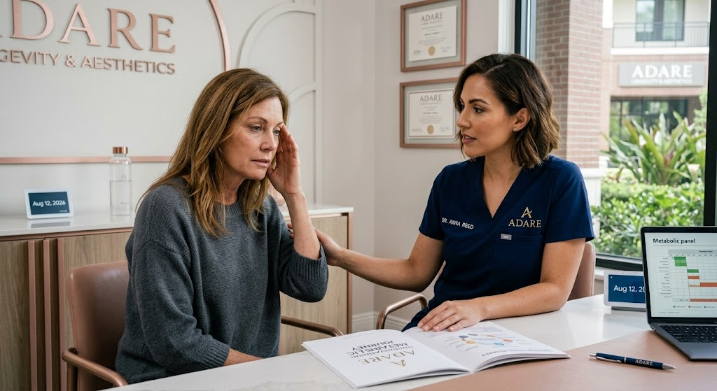 A woman experiencing fatigue and hormone imbalance symptoms sits at a desk, touching her head, during an empathetic consultation with an ADARE Longevity specialist in a modern medical clinic.