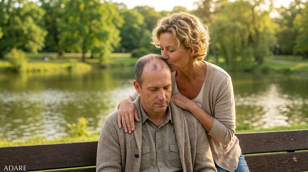A supportive partner comforting a man experiencing hair loss on a park bench.