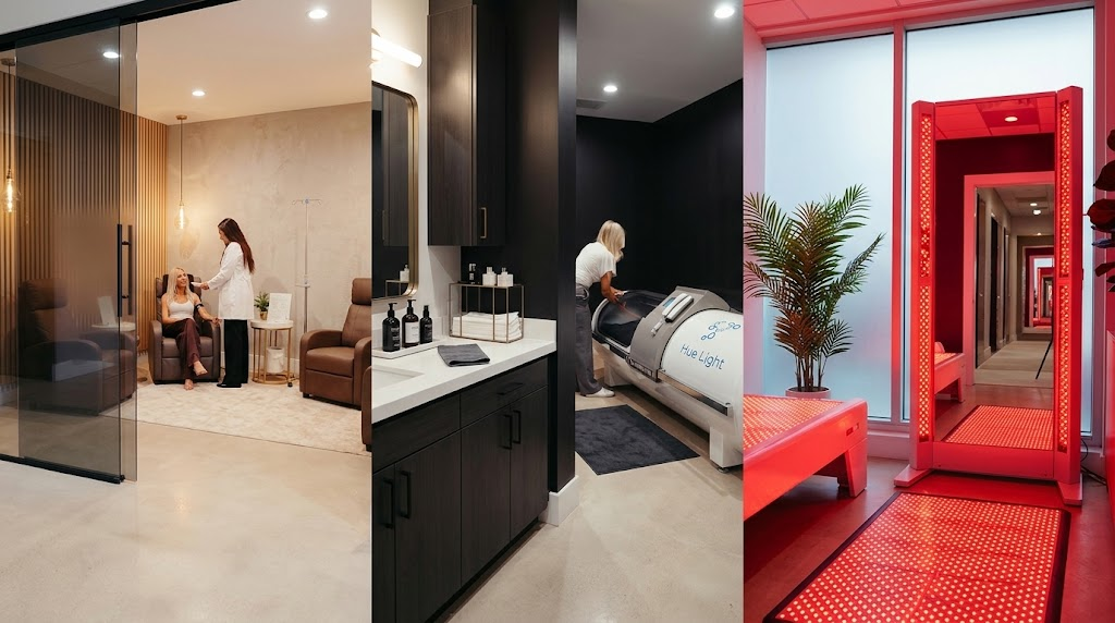 A three-panel collage of a modern wellness clinic interior. The left panel shows an IV drip lounge with leather recliners and a nurse attending to a patient. The center panel displays a sleek vanity area with dark cabinets, skincare products, and a person loading a hyperbaric oxygen chamber in the background. The right panel features a red light therapy room with a large illuminated mirror and a glowing therapy mat on the floor.