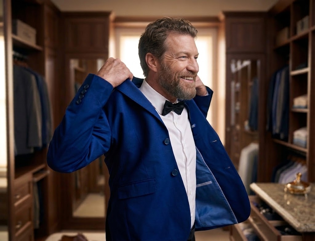 A middle-aged man with a beard and grey hair smiles as he tries on a royal blue suit jacket over a white tuxedo shirt and black bow tie, standing in a large, well-organized walk-in closet.
