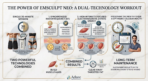 Infographic detailing the Emsculpt Neo dual-technology mechanism combining synchronized RF and HIFEM energy for body contouring procedures at ADARE Longevity & Aesthetics.