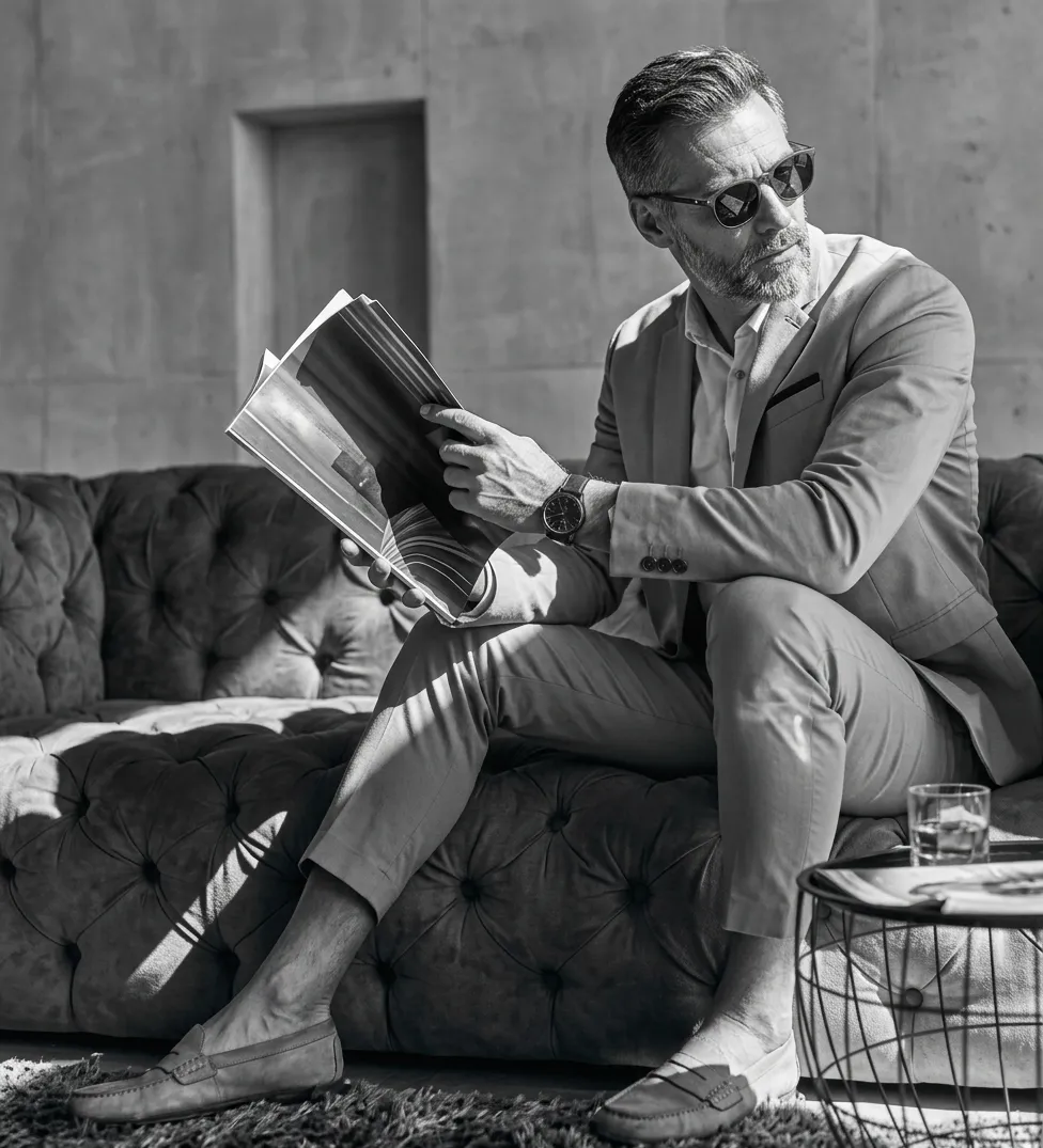 A pensive, sharply-dressed mature man with a grey beard and sunglasses sits on a tufted velvet Chesterfield-style sofa, holding and looking into an open magazine.