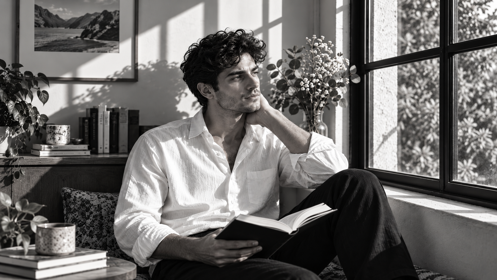 Young man with dark curly hair reading a book by a sunlit window in a photorealistic black-and-white portrait.