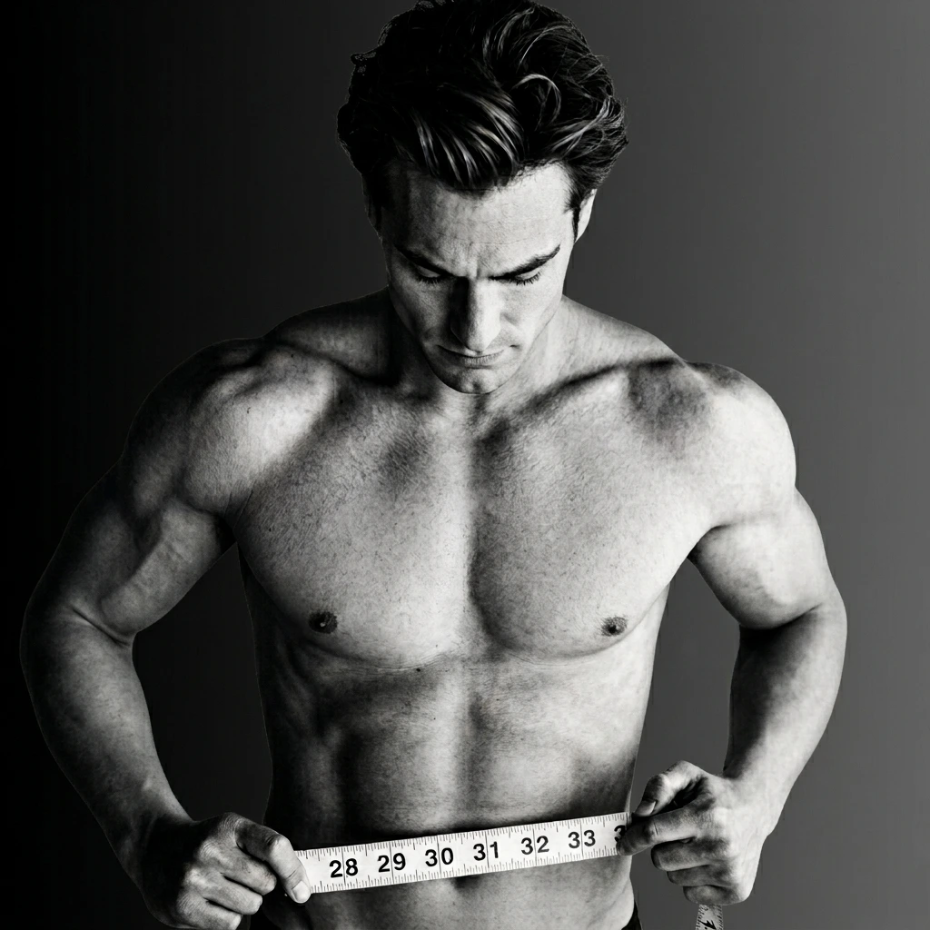 A detailed black and white photograph of a muscular, shirtless man looking down as he holds a white tape measure around his waist. The tape shows numbers from 28 to 33.