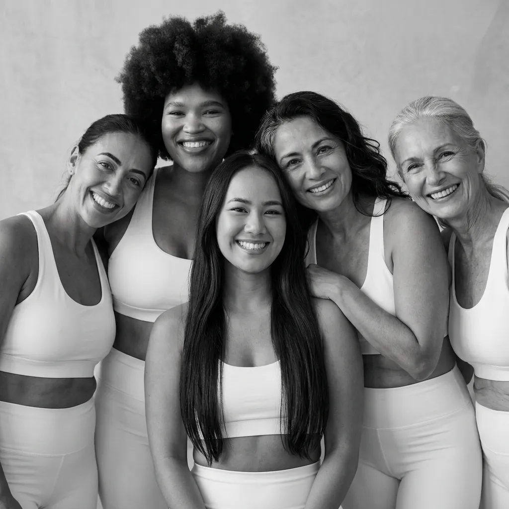 A high-contrast black and white photograph of five diverse women of various ages and ethnicities, with hair ranging from a large afro to long straight hair and gray hair, standing close together in white sports bras and leggings, smiling warmly at the camera against a textured gray background.