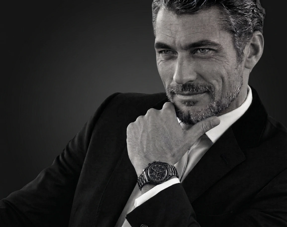 A high-contrast, black-and-white portrait photograph of a handsome, middle-aged man with wavy, salt-and-pepper hair and a trimmed beard, looking and smiling to the side. He is wearing a dark suit, white shirt, and a detailed metal-link chronograph wristwatch, with his right hand resting under his chin in a thoughtful pose against a dark, gradient background.