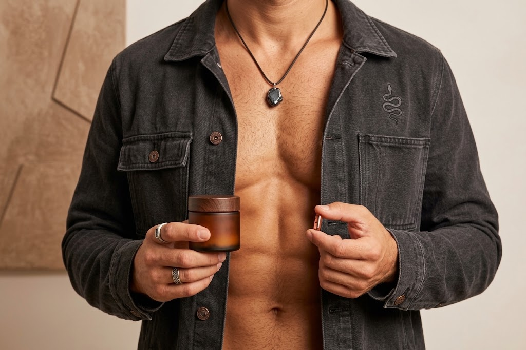 Close-up on a man with an athletic physique wearing a denim jacket and necklaces, holding a jar of topical cream and an oral supplement capsule, representing hormone replacement therapy options.