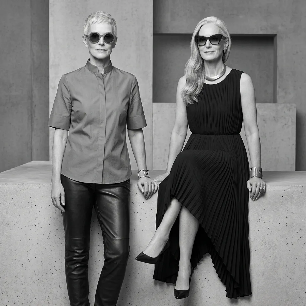 A high-contrast black and white photograph of two stylish senior women posing confidently on a brutalist concrete platform.