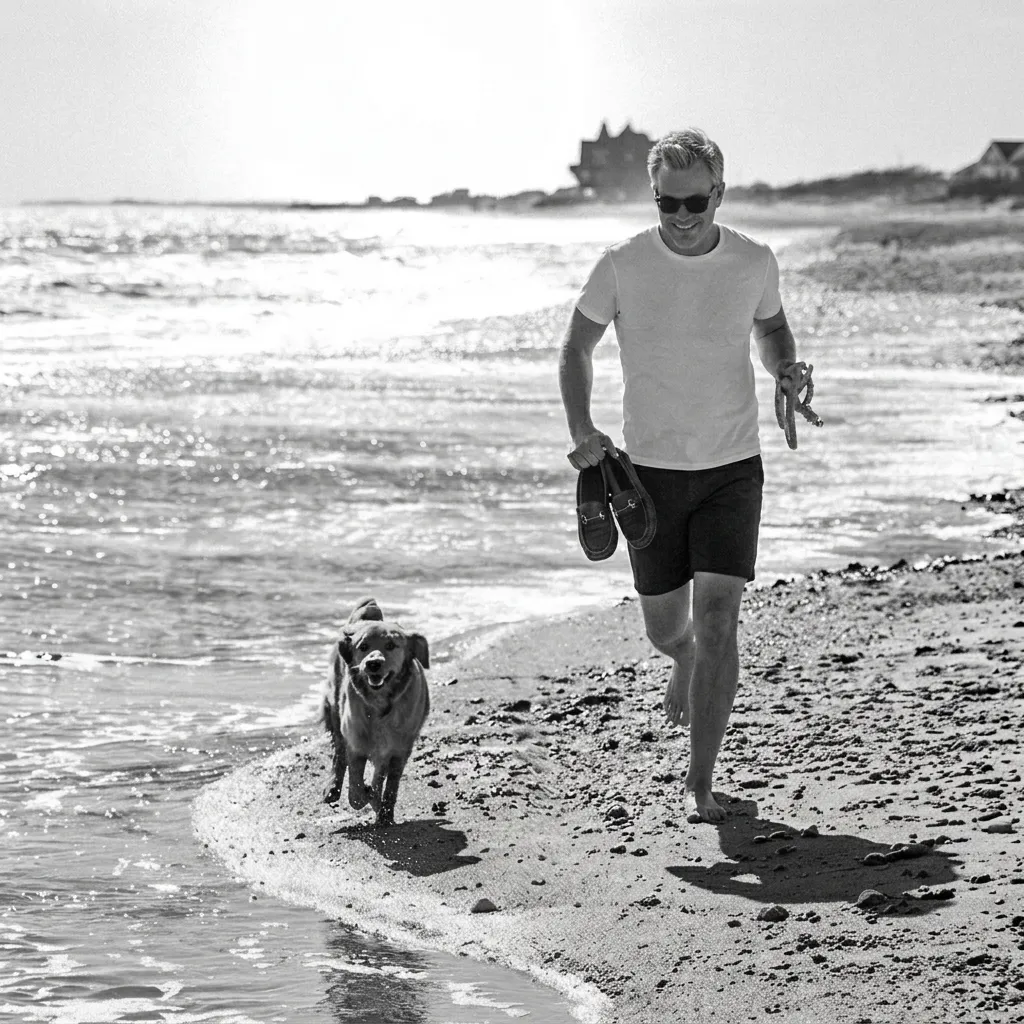 A candid grayscale photograph of a smiling man running barefoot on a sandy beach with a dog at the water's edge, holding shoes and a dog leash.