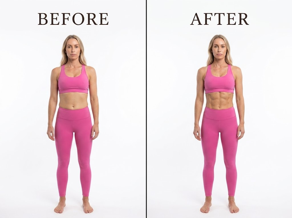 A vertical diptych comparison image titled 'BEFORE' and 'AFTER' shows the same woman against a white background, wearing a pink sports bra and matching leggings.