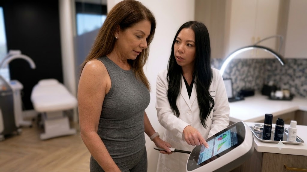 A clinician in a white coat pointing to screen results on a body composition scale while discussing them with a female patient in a modern medical office.