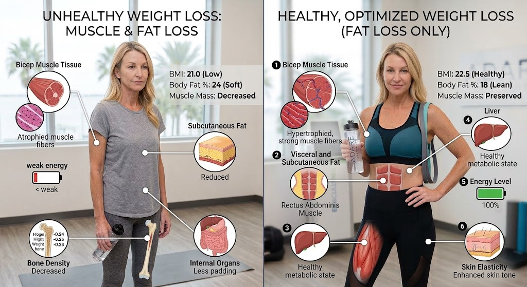 Anatomy infographic comparing muscle-wasting weight loss versus optimized fat loss with muscle preservation at ADARE Longevity & Aesthetics in Tampa.