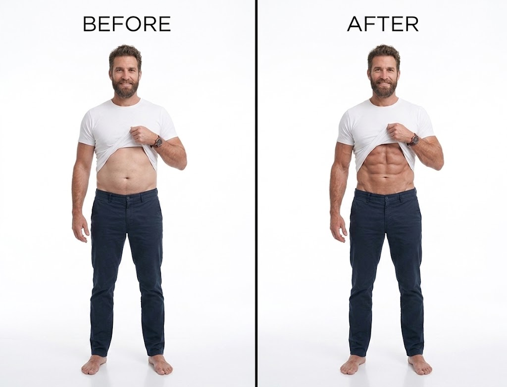 A full-body comparison showing the same bearded man before and after a body sculpting procedure. On the left, titled "BEFORE," he stands lifting his white T-shirt to reveal a soft abdominal area. On the right, titled "AFTER," in the same pose, he shows a dramatically defined, shredded six-pack and oblique muscles, highlighting the treatment's transformation against a white background.
