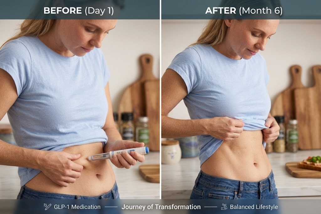 A woman in a blue t-shirt and jeans showing before and after GLP-1 medical weight loss.