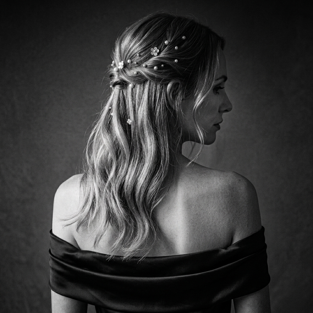 A classic, black and white portrait of a woman viewed from behind, looking over her right shoulder. She wears an elegant, half-up twisted hairstyle adorned with delicate pearl and floral-shaped pins, with her remaining wavy hair cascading down her back.