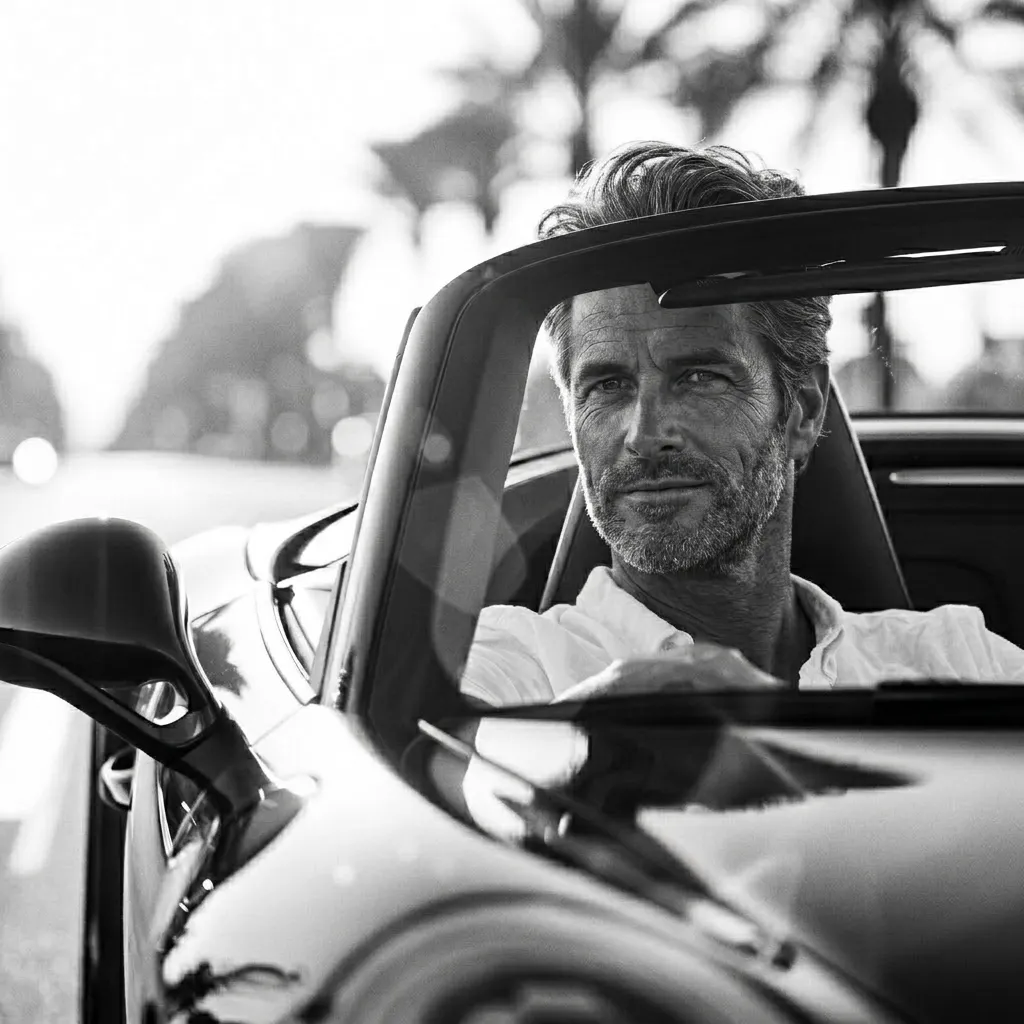 A medium close-up shot from the perspective of the passenger seat showing a handsome, silver-haired man with a well-groomed beard and sunglasses driving a modern convertible sports car at sunset. He is wearing a white button-down shirt and looking forward at the camera with a slight smile. The golden sun creates a bright flare behind him on the horizon, with blurred palm trees and traffic in the background.