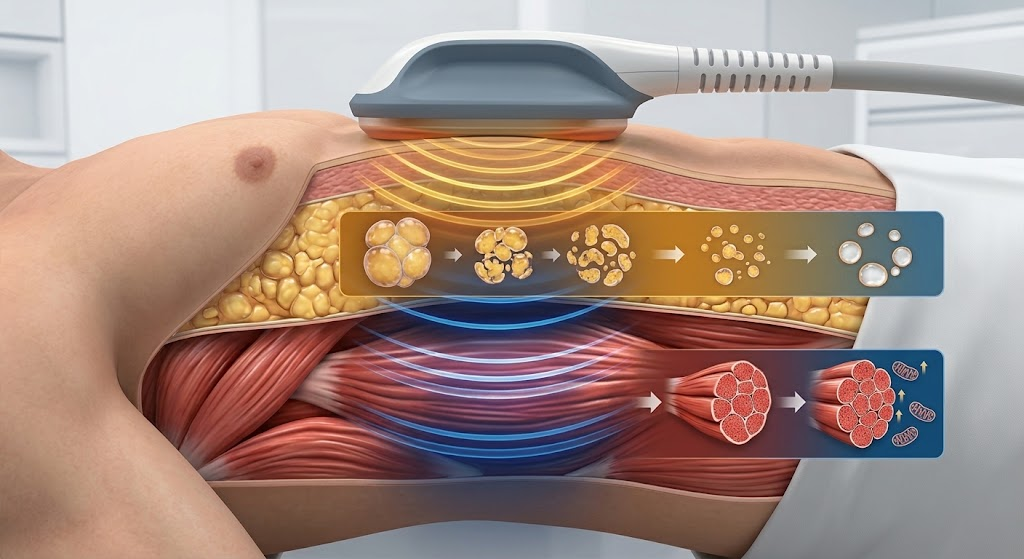 A medical cross-section graphic of a male torso during a non-invasive body contouring treatment. An applicator rests on the surface, emitting golden-orange radiofrequency waves that target subcutaneous fat cells through a breakdown and clearance stage, and deep blue HIFEM waves that target muscle layers to stimulate muscle fiber growth and density.