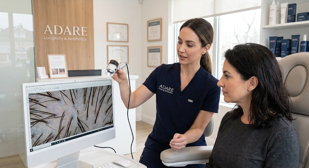 A medical professional at ADARE Longevity & Aesthetics conducts a scalp analysis on a female client using a digital trichoscope, displaying a magnified image of hair follicles on a computer screen.