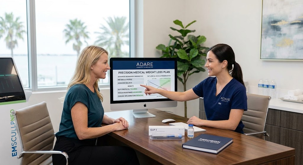 A medical weight loss consultation at ADARE Longevity & Aesthetics in Tampa. A nurse points to a Precision Medical Weight Loss Plan on a computer screen for a seated client. The desk features GLP-1 medications, and an EMSCULPT NEO machine is visible in the background.