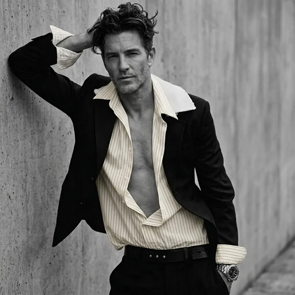 A high-contrast, black and white portrait photograph of a handsome man in his 40s with messy, wavy hair and stubble, leaning confidently against a textured concrete wall.