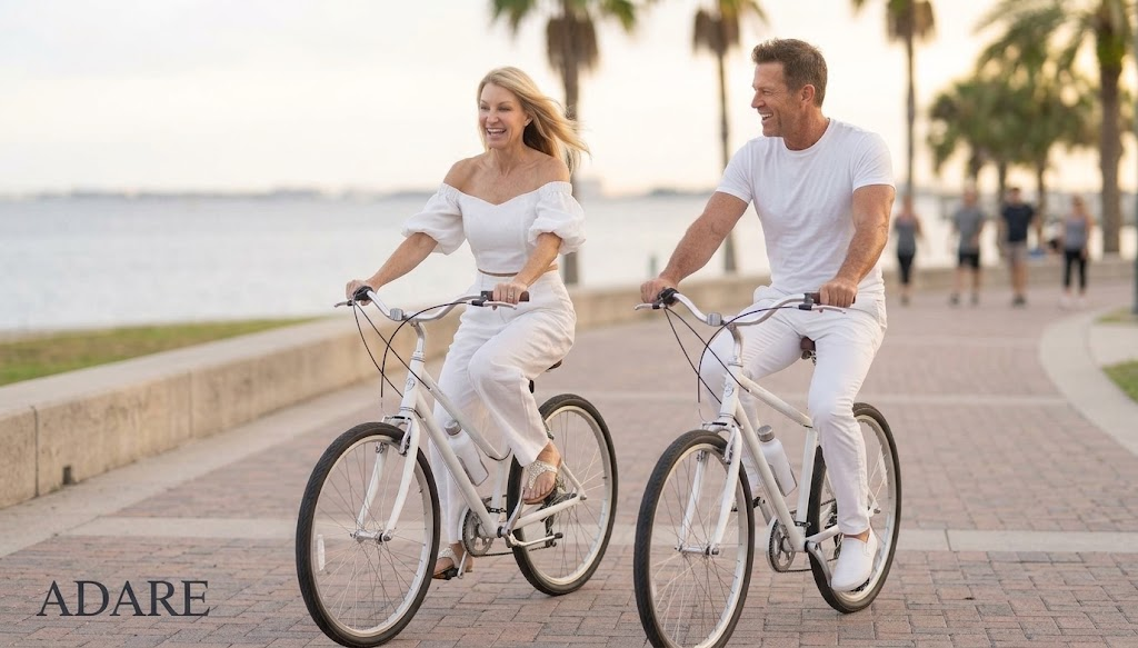 A happy, fit couple in all-white outfits cycling on a paved path along Tampa Bay at sunset. The woman is on the left, looking ahead and smiling, and the man is on the right, looking back at her and laughing. The bikes are white with metal frames and a single water bottle. Palm trees and other people are in the background, and the "ADARE" logo is in the bottom-left corner.