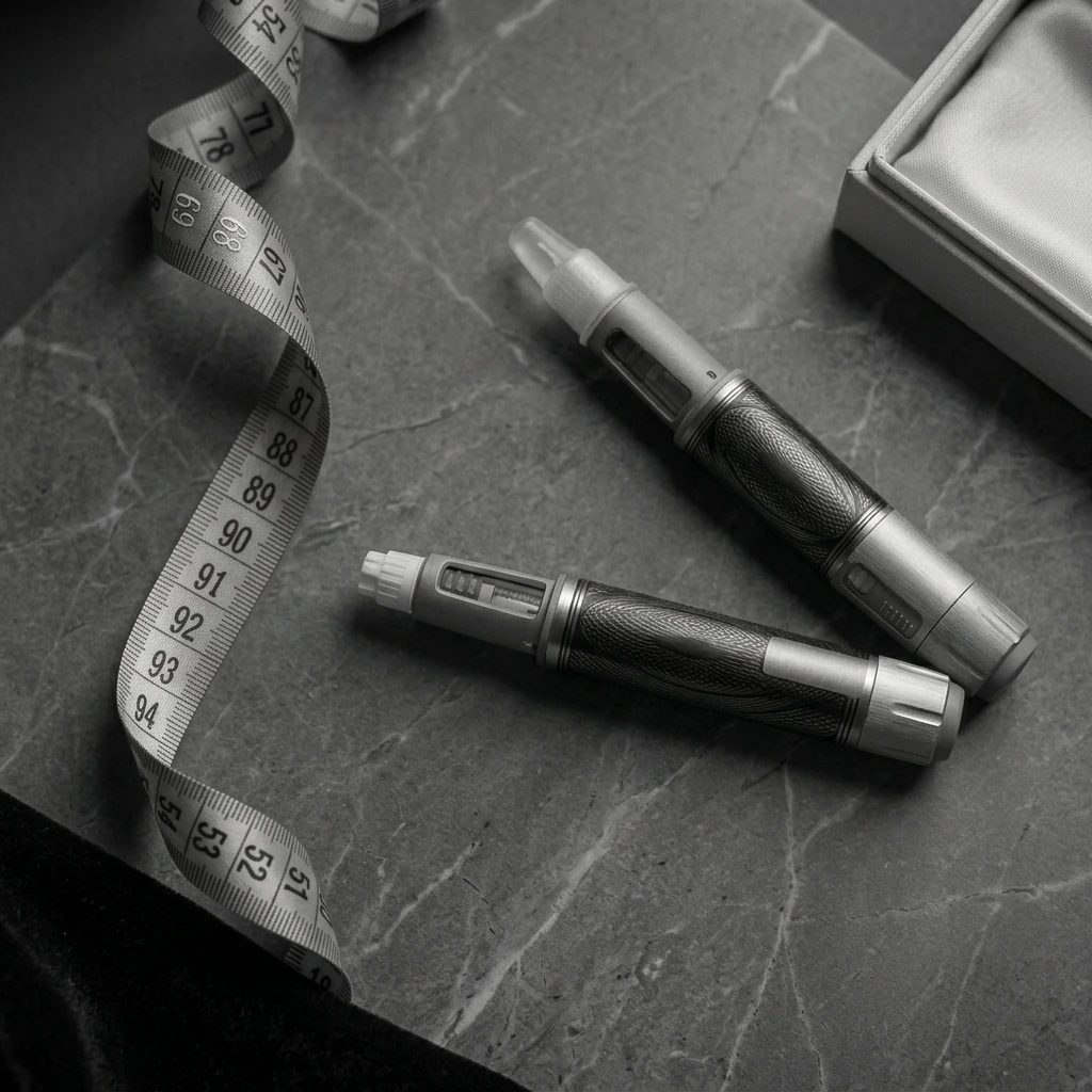 A high-contrast, black and white overhead photograph of two detailed GLP-1 medication injector pens resting on a textured grey marble slab. A white fabric measuring tape with large, legible numbers from 78 to 94 curves around the left side, and a small, white presentation box is in the upper right corner.
