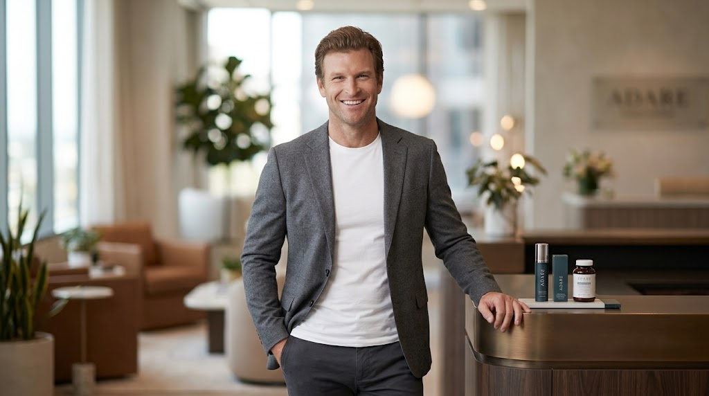 A fit, smiling man in a grey blazer and white t-shirt stands confidently in a modern, brightly lit office lounge with a blurred background.
