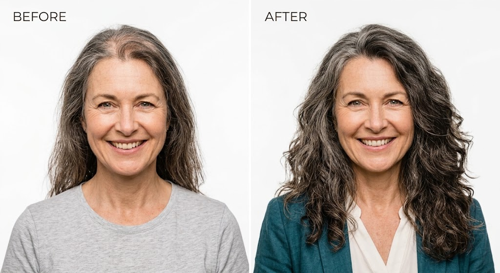 A before and after comparison of a middle-aged woman's salt-and-pepper hair. The left "Before" image shows her with straighter, less dense hair and a visible part. The right "After" image shows her with much more voluminous, curly, and thick-looking hair, styled in a professional teal blazer. Both images feature the same smiling woman against a white background.