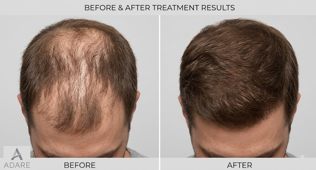A before and after comparison showing successful hair regrowth treatment for male pattern baldness at the crown.