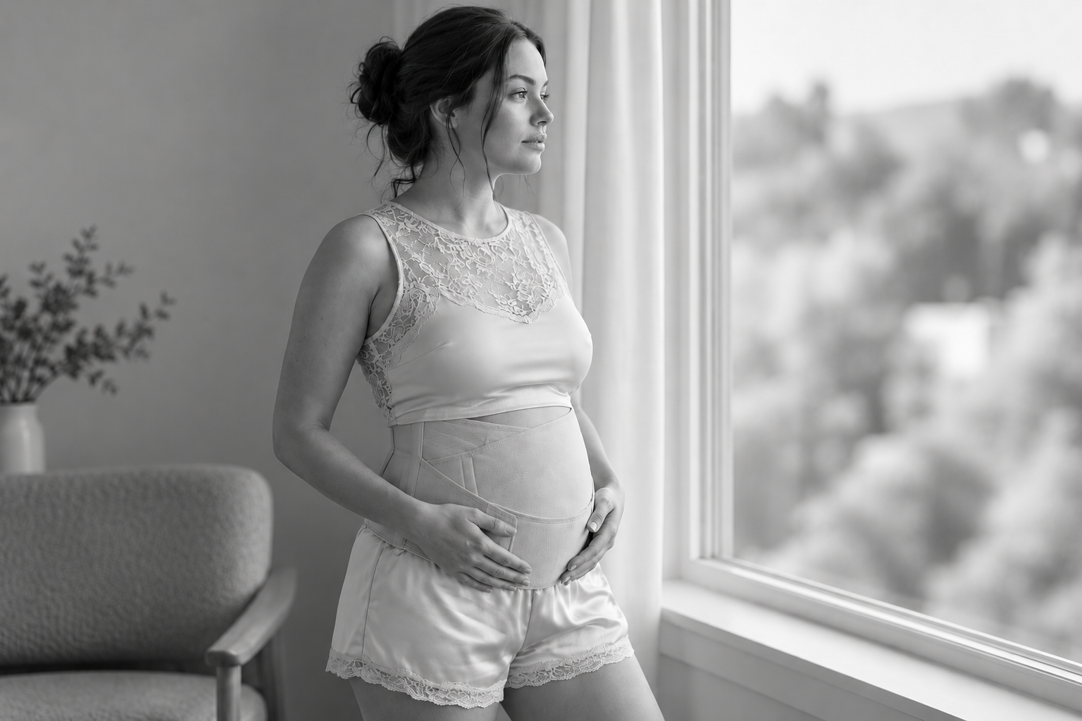 Grayscale portrait of a postpartum woman standing by a window in lace-trimmed sleepwear, gently cradling her belly in a calm, softly lit room.