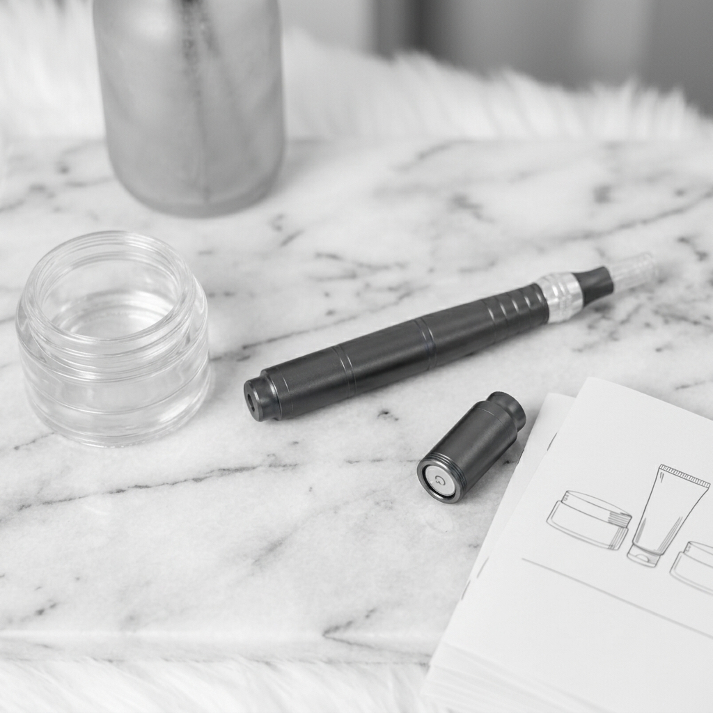 A high-angle, black and white photograph of an electric microneedling pen lying on a marble tray. Next to it is a small glass cosmetic jar, a metal pen cap, and a stack of paper with product sketches.