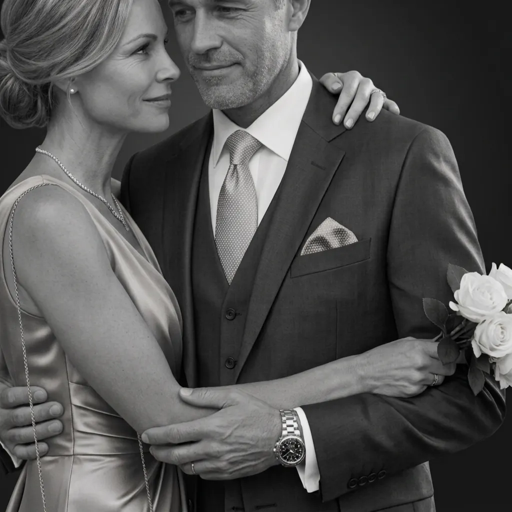 A sophisticated black and white portrait of a happy, well-dressed couple embracing. The woman wears a silk gown and holds roses, and the man is in a three-piece suit, looking down at her lovingly.