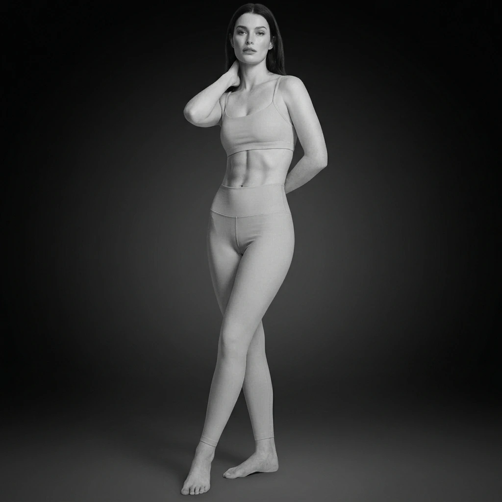 A fit woman posing in white athletic spandex leggings and a matching sports bra against a dark, moody studio gradient background, presented in full monochrome grayscale.