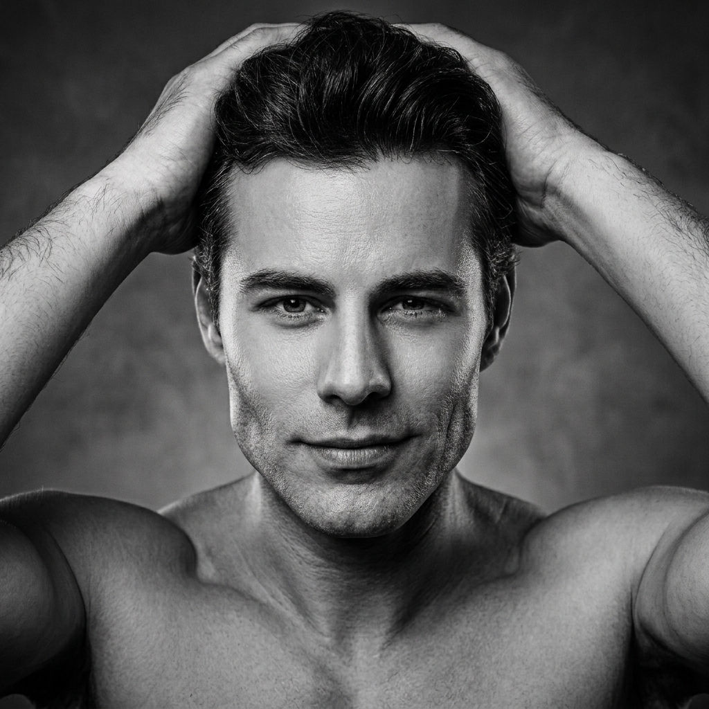 A close-up black and white studio portrait of a confident and handsome man with a defined jawline, looking directly at the camera with his hands running through his thick hair.