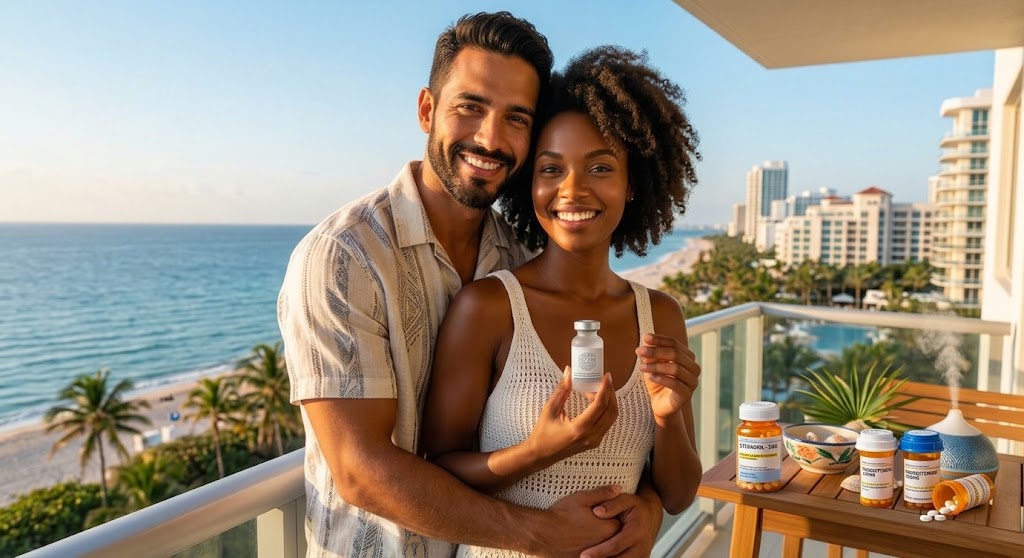 A happy couple embraces on a sunny hotel balcony overlooking a tropical beach and ocean. The woman is holding a small glass vial, while the man hugs her. On a side table next to them, there are multiple orange prescription pill bottles, loose pills, a bowl of seashells, and an aromatherapy diffuser.