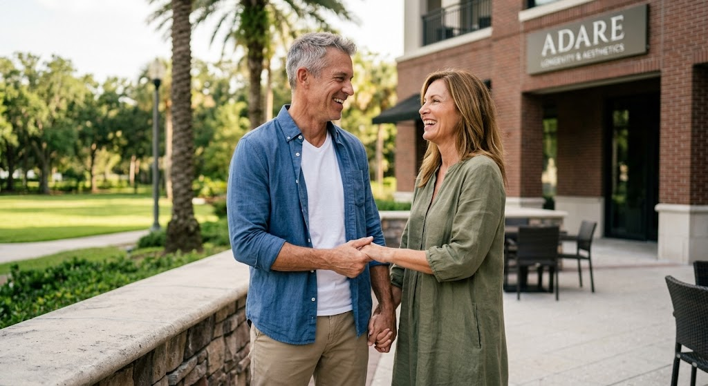 A happy, middle-aged couple is shown outside, smiling and making eye contact while standing on a brick patio. In the background is an ADARE Longevity & Aesthetics building, palm trees, and greenery.