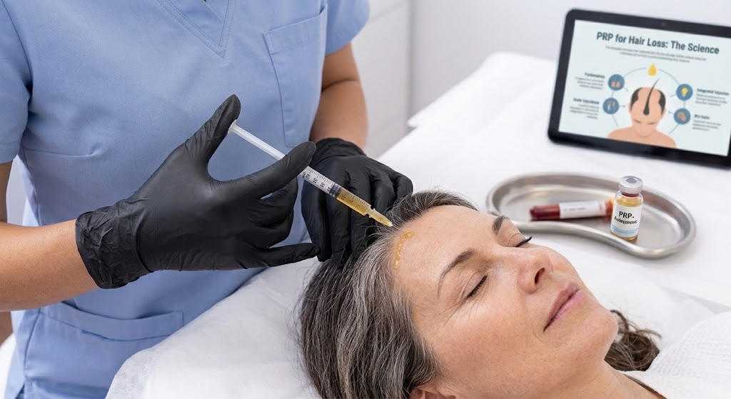 A medical professional wearing black gloves administers a platelet-rich plasma (PRP) scalp injection to a middle-aged woman with graying hair. In the background, a tray holds a blood sample and PRP vial, and a tablet displays a diagram titled "PRP for Hair Loss: The Science."