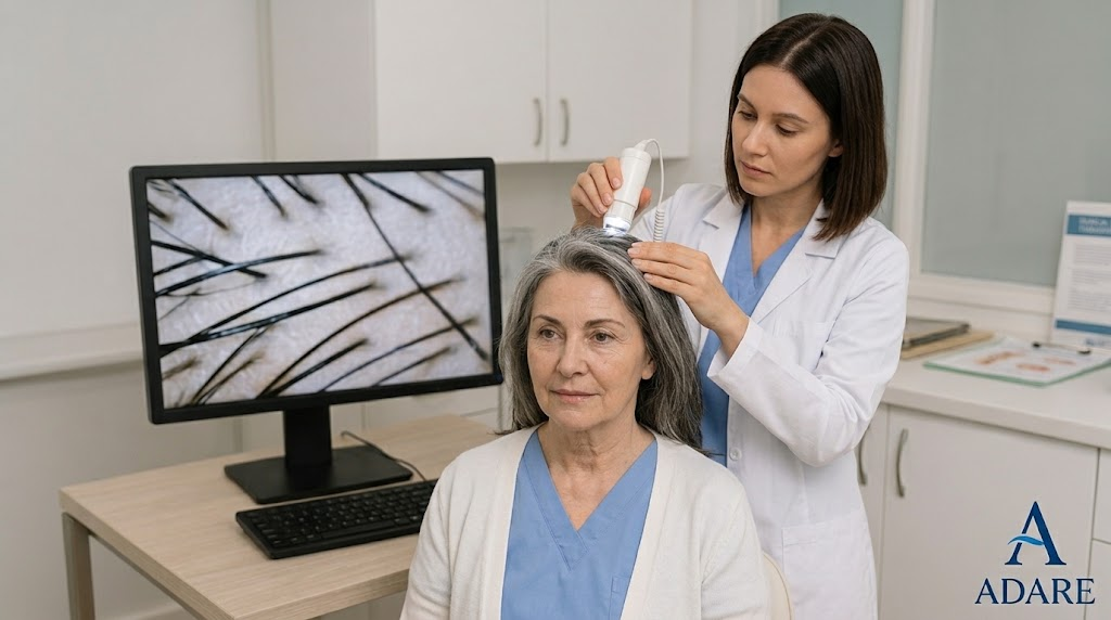 A photograph of a middle-aged woman with salt-and-pepper grey hair undergoing a hair and scalp examination by a medical professional in a lab coat using a handheld dermatoscope. In the background, a large computer monitor displays a close-up analysis of hair follicles and scalp details.