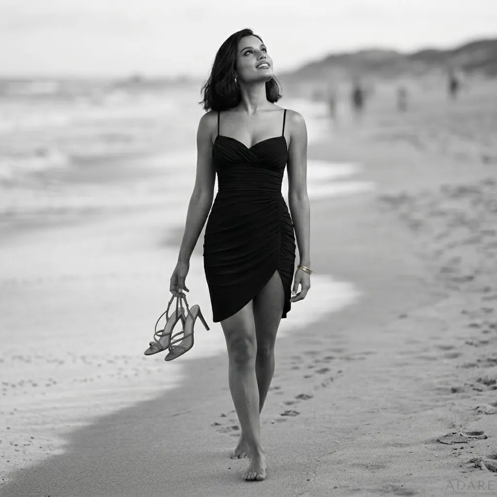 A full-length, black-and-white photograph of an elegant woman with shoulder-length dark hair walking barefoot along a sandy shore. She wears a fitted black spaghetti-strap dress with side ruching and carries a pair of high-heeled sandals in one hand while looking up with a subtle smile.