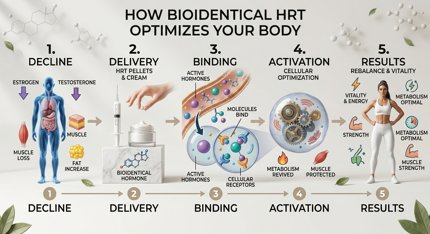 Photorealistic 3D medical illustration highlighting bioidentical hormone delivery, cellular binding, and body composition optimization.