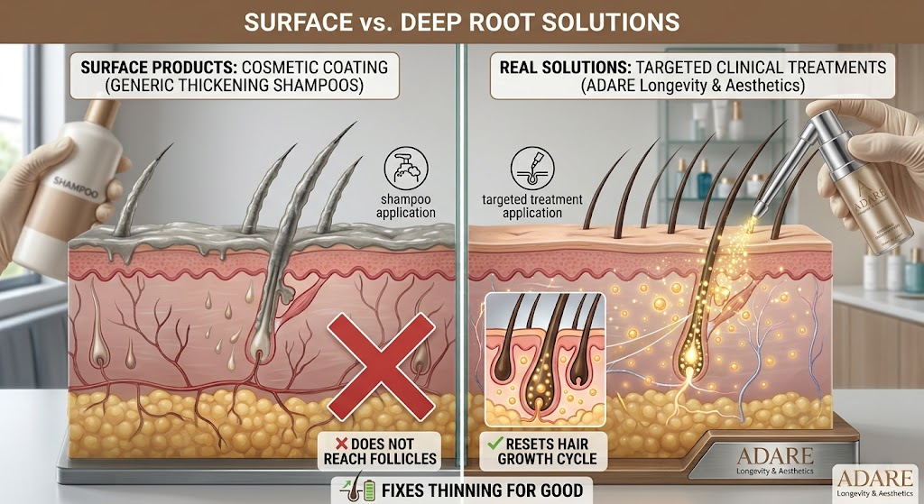 A medical infographic diagram from ADARE Longevity & Aesthetics comparing surface hair products to deep root solutions. The left side shows that generic thickening shampoos only provide a cosmetic coating and do not reach the hair follicles. The right side illustrates how targeted clinical treatments, such as those at ADARE, penetrate deep into the skin to reset the hair growth cycle and fix thinning.