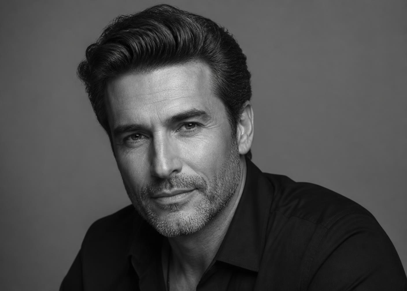 Grayscale portrait of a man with thick, healthy, restored hair.